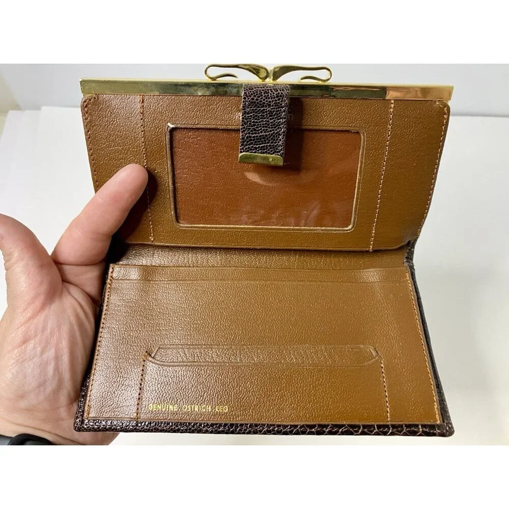 Genuine Ostrich Leg Clutch Bag Wallet Gold Tone Hardware‎ vintage READ